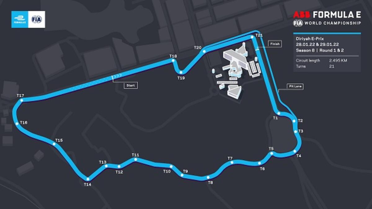 موقع سباق فورمولا اي الدرعية: حلبة الدرعية التي يبلغ طول مسارها 2.495 كم وتضم 21 دورة.