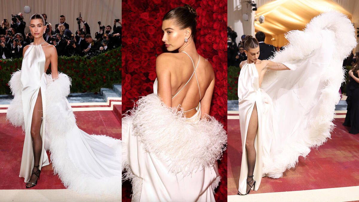 Hailey Bieber in Saint Laurent by Anthony Vaccarello and Tiffany & Co.