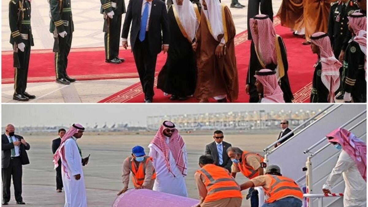 (السجاد الرسمي) دونالد ترامب: حطت طائرته أمام السجاد الأحمر الذي كان معتمدًا في استقبال ضيوف الدولة الرسميين من رؤساء ووزراء وسفراء، ومُمثلي الدول الشقيقة والصديقة. جو بايدن: حطت طائرته أمام السجاد البنفسجي الذي اعتمدته السعودية في عام 2021 الذي يعكس ترحيبَ أرض السعودية بعابريها، وكرمها الذي يتماثل مع كرم أهلها.