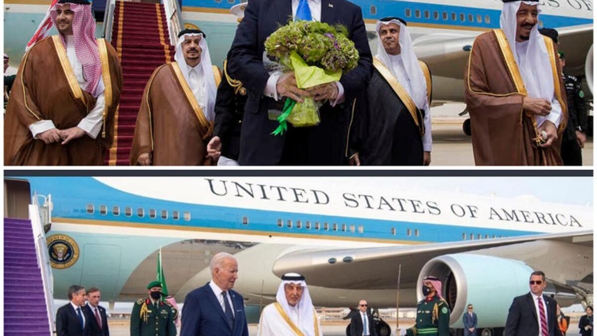 (استقبال المطار) دونالد ترامب: كان الملك سلمان في استقباله حين حطت طائرته مطار الملك خالد في جدة.                                                   جو بايدن:  كان أمير منطقة مكة الأمير خالد الفيصل في استقباله الذي حطت طائرته في مطار الملك عبدالعزيز الدولي في جدة.