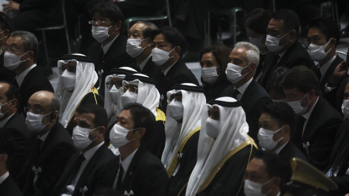 US Vice President Kamala Harris (C) and US Ambassador to Japan Rahm Emanuel attend the state funeral for Japan's former prime minister Shinzo Abe in the Nippon Budokan in Tokyo on September 27, 2022. (Photo by LEAH MILLIS / POOL / AFP) Shinzo Abe