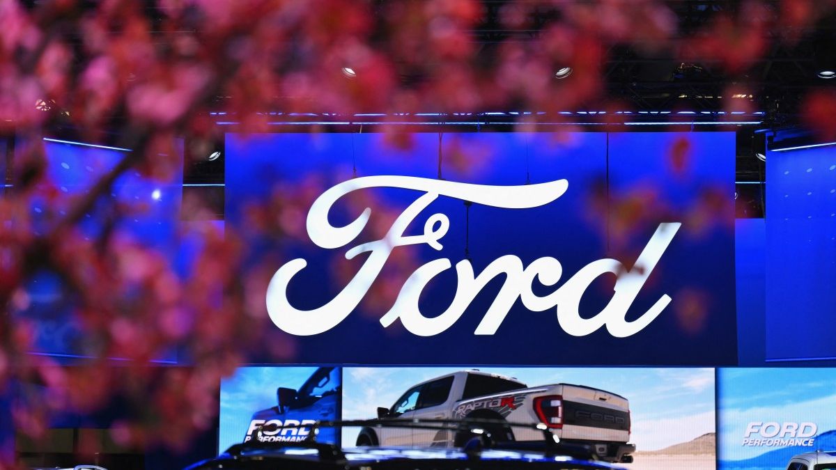 The Ford logo is displayed during the New York International Auto Show at the Jacob Javits Convention Center in New York City on March 27, 2024. (Photo by ANGELA WEISS / AFP)