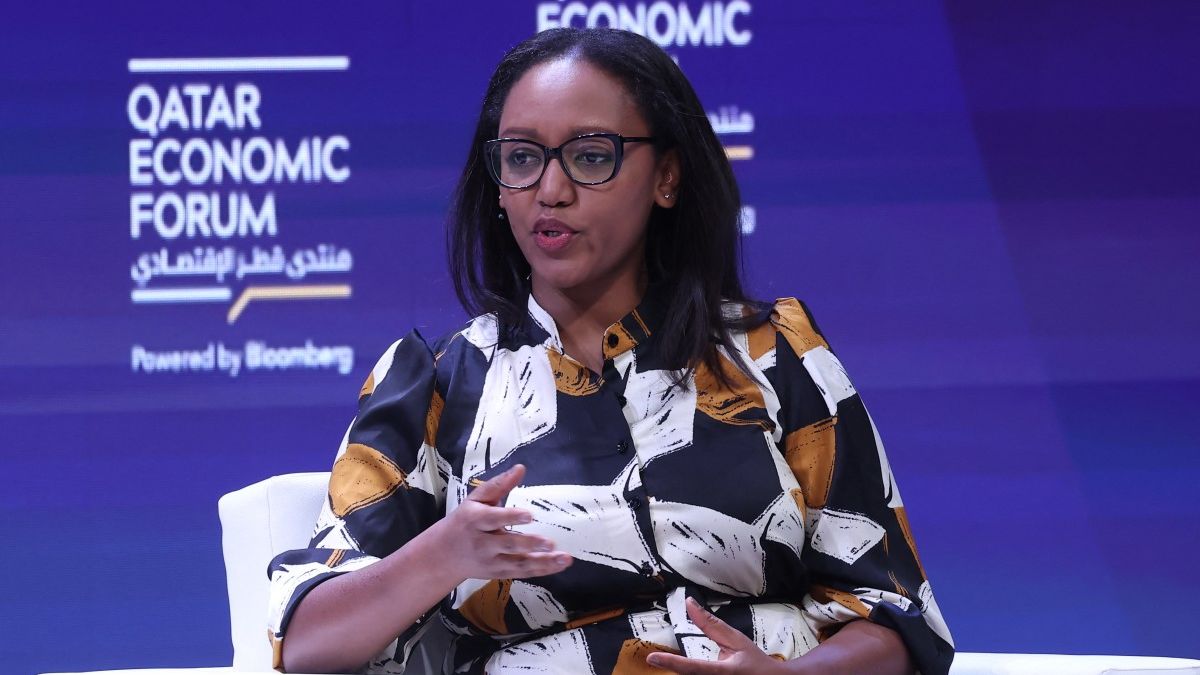 The CEO of RwandAir, Yvonne Makolo, speaks during a breakout session on Connecting the Middle East and Africa at the Qatar Economic Forum in Doha on May 15, 2024. (Photo by KARIM JAAFAR / AFP)