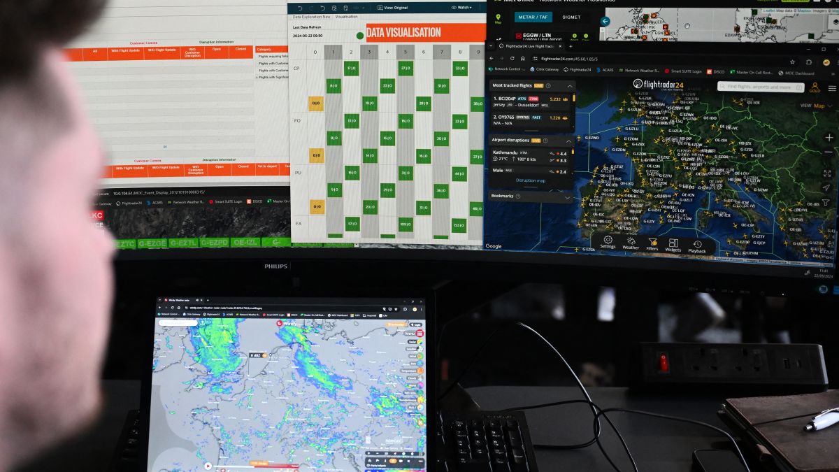 Members of staff work on computers in the Network Control Room inside Easyjet's new operations Integrated Control Centre (ICC) in Luton, north of London on May 22, 2024. A cutting-edge facility featuring artificial intelligence (AI) -- Easyjet's new control centre is tasked with handling about 2,000 mostly-European flights per day as the British airline eyes record summer demand. (Photo by Justin TALLIS / AFP)