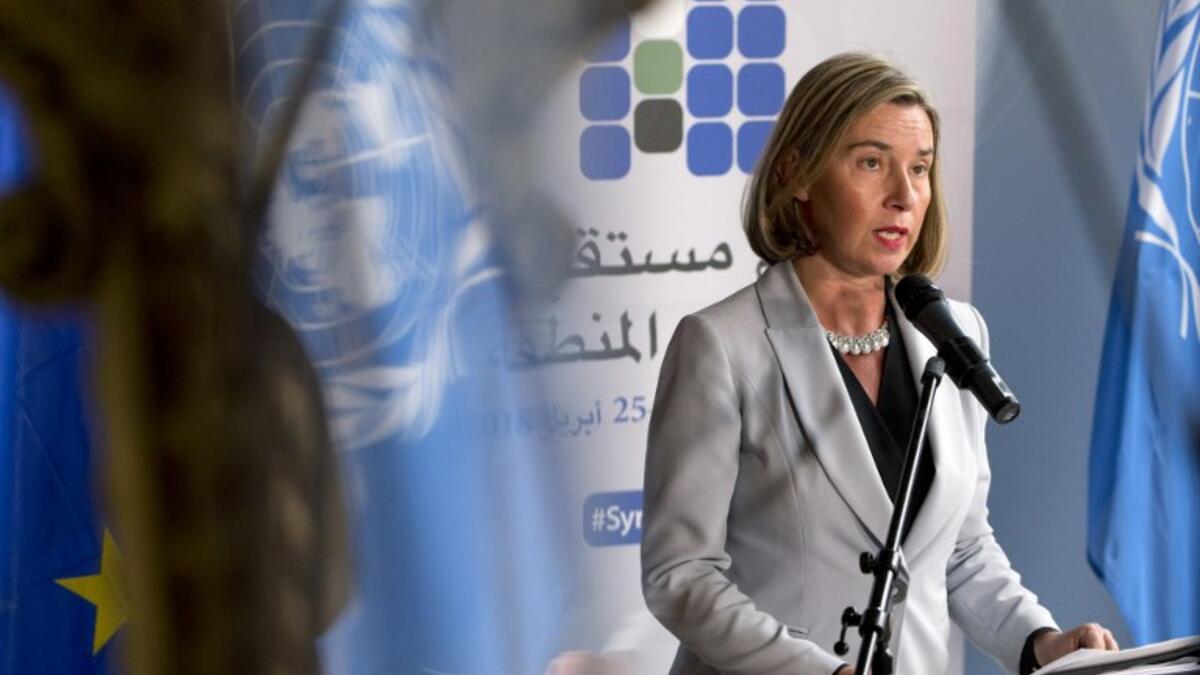 High Representative of EU for Foreign Affairs and Security Policy Federica Mogherini speaks to the media following a meeting as part of an international conference on the future of Syria and the region in Brussels on April 24, 2018. Virginia Mayo/AFP