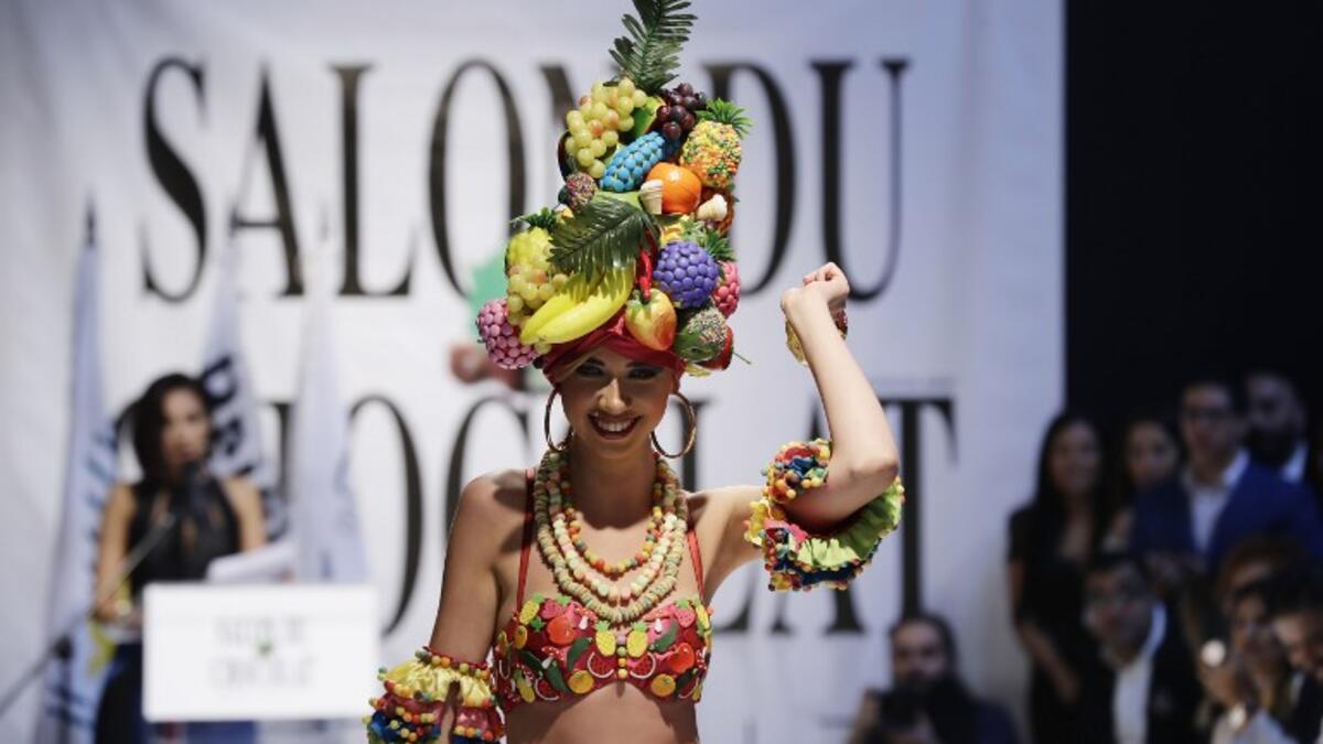 A model displays a chocolate dress at the 2018 chocolate fair fashion show in Beirut on November 8, 2018. 
JOSEPH EID / AFP