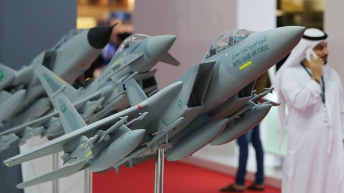 Models of Saudi Royal Air Force fighter jets are seen during the Dubai Airshow on Nov. 12, 2017, in the United Arab Emirates. 

(KARIM SAHIB / AFP)
