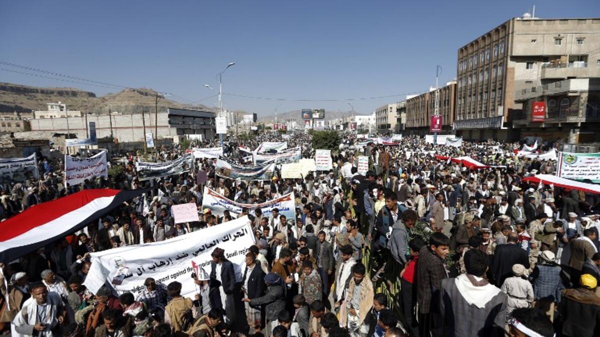 Yemenis take part in a demonstration calling for the Saudi-led coalition's blockade to be lifted, on Nov. 13, 2017, in the rebel-held capital Sanaa. 

The coalition shut down Yemen's borders on November 6 in response to a missile attack by Huthi rebels that was intercepted near Riyadh airport.

(MOHAMMED HUWAIS / AFP)