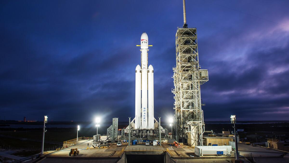 In a photograph taken Dec. 28, 2017, the first SpaceX Falcon Heavy stands at Launch Complex 39A during testing at NASA's Kennedy Space Center.
(SpaceX)