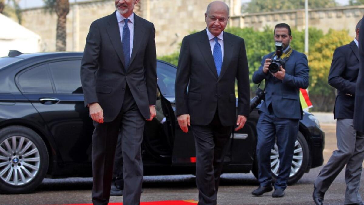 Iraqi President Barham Saleh (R) receives the King of Spain Felipe VI in the capital Baghdad on January 30, 2019. King Felipe visited special forces helping Iraq fight terrorists, during the first trip by a Spanish monarch to the war-ravaged country in four decades, a diplomat said.
AHMAD AL-RUBAYE / AFP