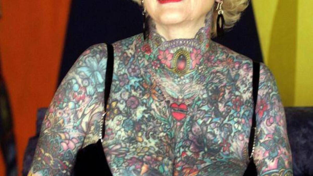 Briton Isobel Varley, 69, the world’s eldest tattooed woman according to the Guinness Book of Records, poses at a hotel in Buenos Aires, July 7, 2005. (AFP/ File Photo)