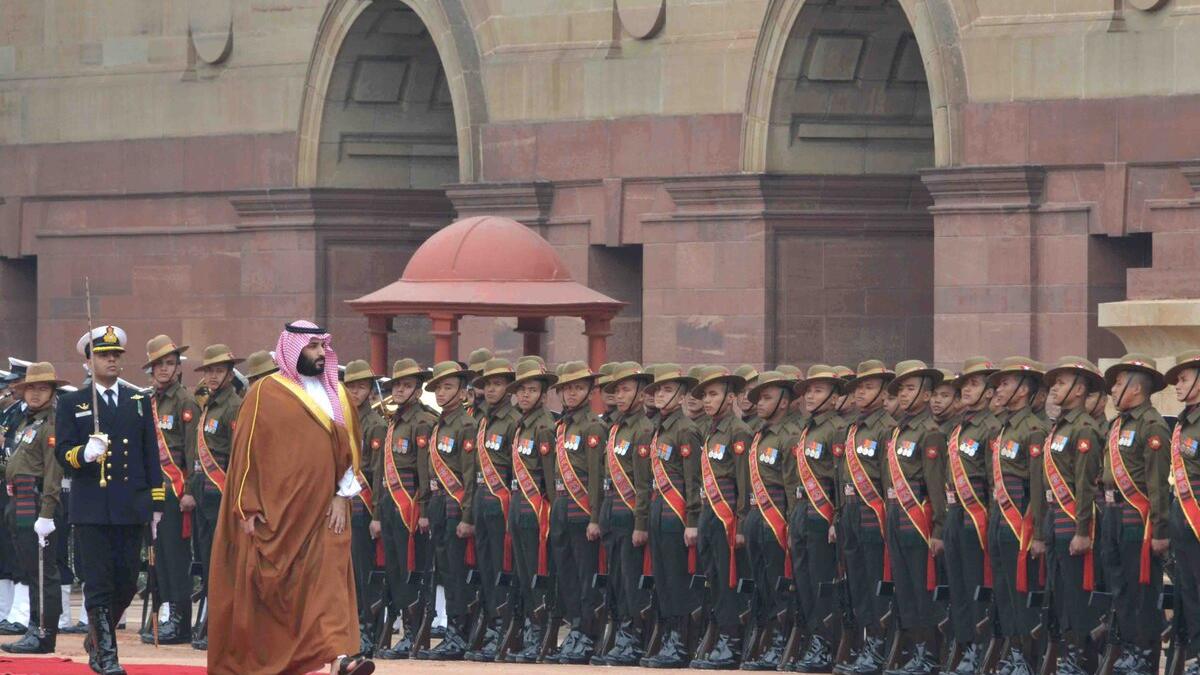 Saudi Crown Prince Mohammed bin Salman (2nd L) inspects a guard of honour during a ceremonial reception at the presidential palace in New Delhi (Twitter)