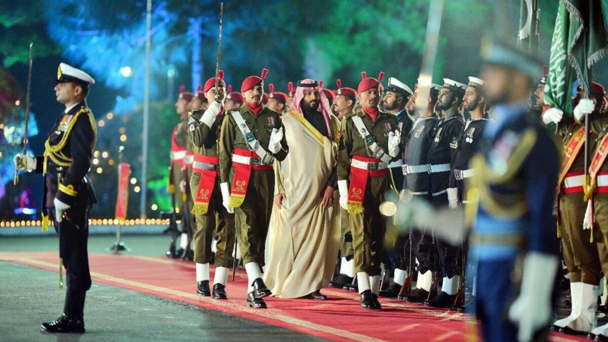 Upon arrival at the Prime Minister House in Islamabad, a contingent comprising personnel of all three services presented the Crown Prince of the Kingdom of Saudi Arabia, Mohammed Bin Salman a Guard of Honor (Twitter)
