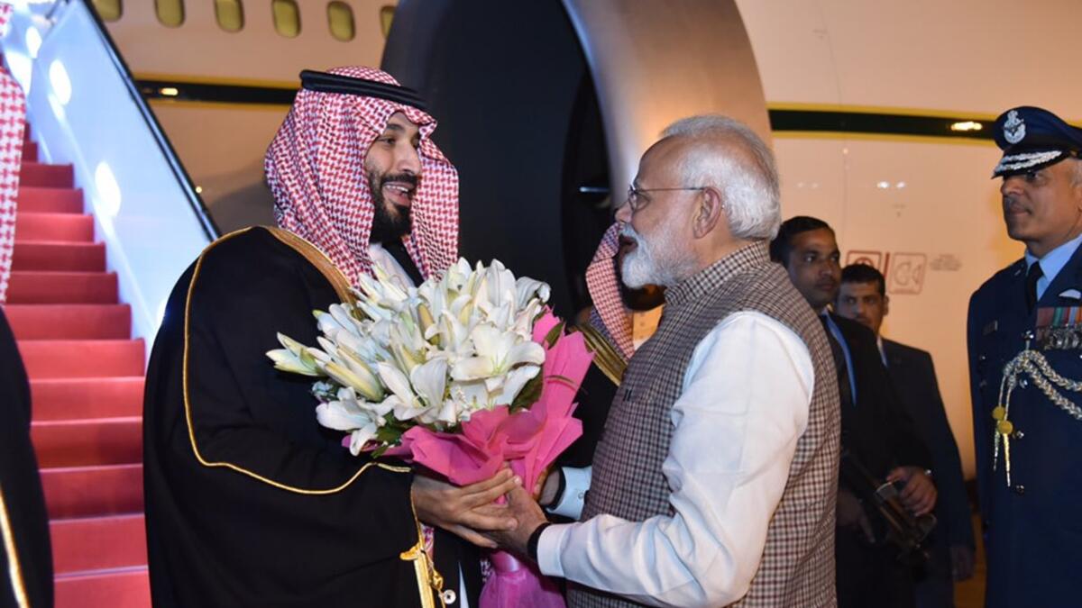 Saudi Crown Prince greeted by Indian Prime Minister Narendra Modi at the New Delhi Airport 
(Twitter)