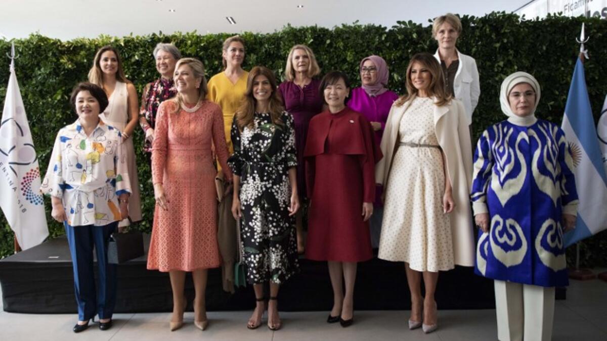 World Leaders' first ladies pose for a group picture during the G20 partners' programme at the Museum of Latin American Art (MALBA) in Buenos Aires, on December 01, 2018. 
ERIKA VILLANO / AFP