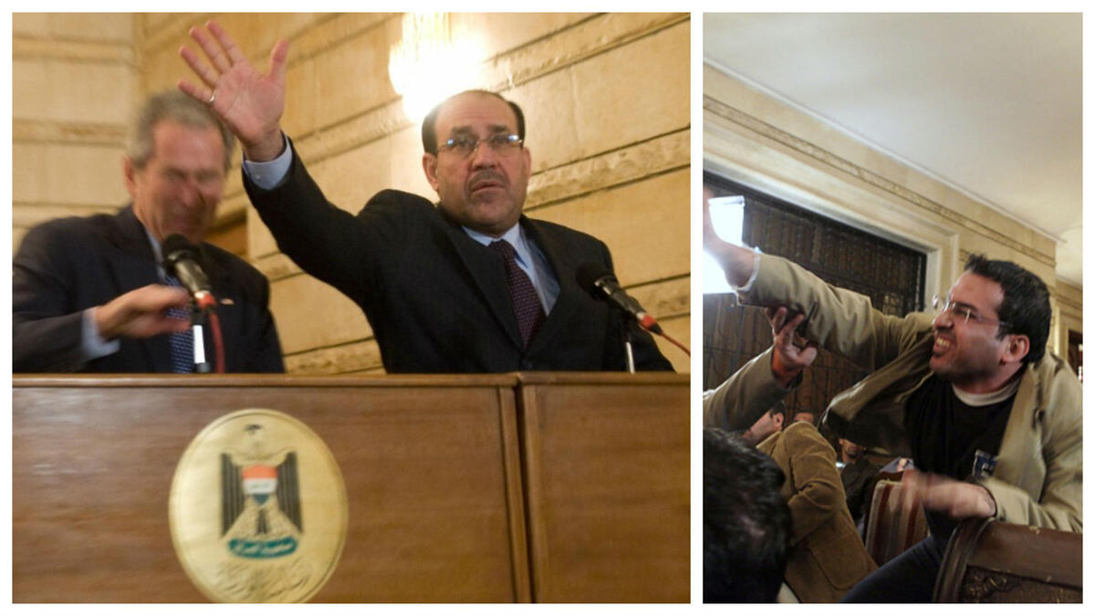 لا شك أن حادثة الصحفي العراقي منتظر الزيدي والرئيس الأمريكي السابق "جورج بوش" الابن في 2008 هي الأهم والأشهر في العالم حيث فوجئ الحضور بالزيدي يقذف زوج حذائه على بوش خلال المؤتمر الصحفي الذي جمعه برئيس الوزراء العراقي السابق نوري المالكي.