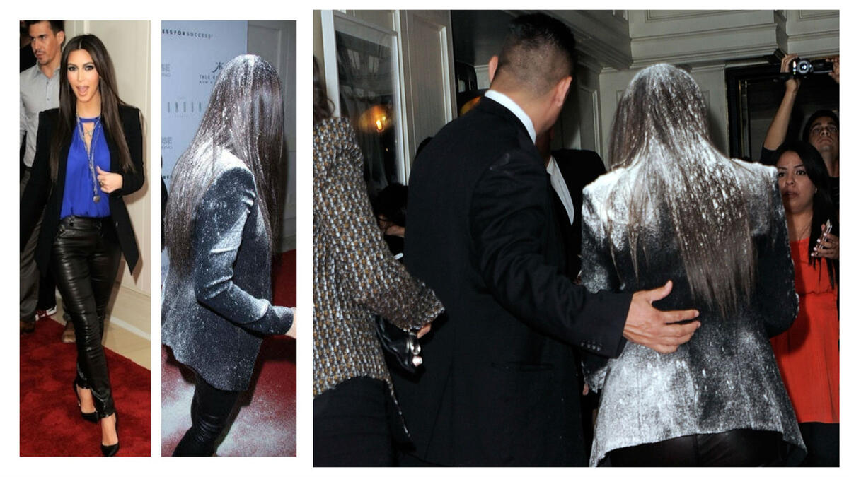 تعرضت نجمة تلفزيون الواقع كيم كارداشيان في 2012 لموقف محرج حين رمتها امرأة مجهولة بالطحين خلال تقديم عطرها True Reflection للصحافة.