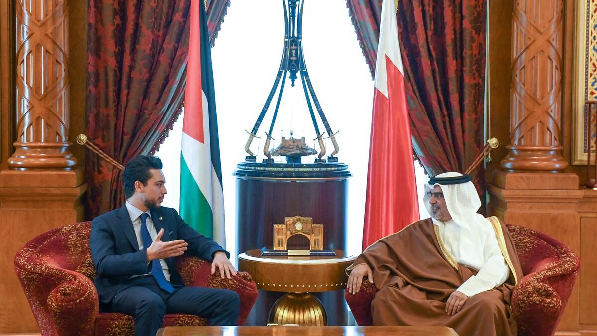 Crown Prince Al Hussein bin Abdullah II meets with Prince Salman bin Hamad Al Khalifa, Crown Prince, Deputy Supreme Commander and First Deputy Prime Minister of Bahrain to discuss bilateral ties and means to advance them. (Twitter/@RHCJO)