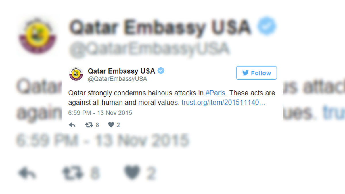 Qatar prime minister Abdullah bin Nasser bin Khalifa Al-Thani  went ahead with a scheduled visit to France today despite the attacks. A government spokesman said the PM and senior officials left Doha for a three-day visit.