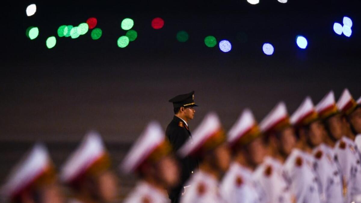 Vietnamese soldiers stand in a formation at Noi Bai International Airport in Hanoi on February 26, 2019, during the arrival of US President Donald Trump in Vietnam for a second summit with North Korean leader Kim Jong Un. 
Manan VATSYAYANA / AFP