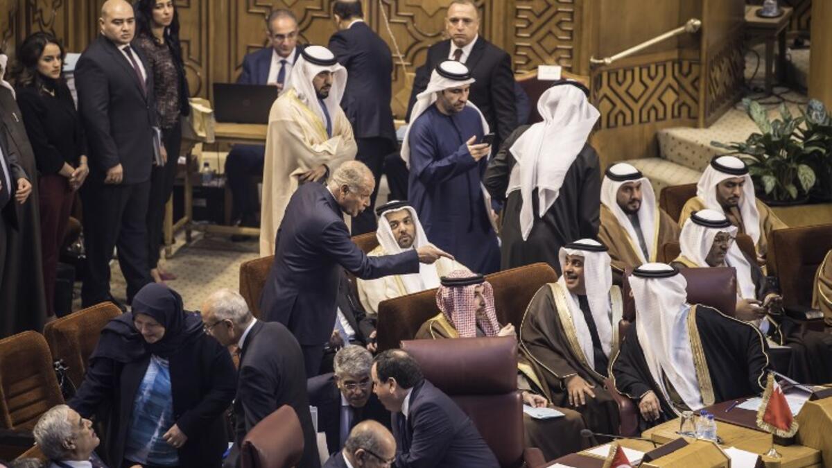 Arab League Secretary-General Ahmed Aboul Gheit (C) speaks with Bahrain’s delegation during a meeting of the Arab League Foreign Ministers in the Egyptian capital Cairo on March 6, 2019. 
Khaled DESOUKI / AFP