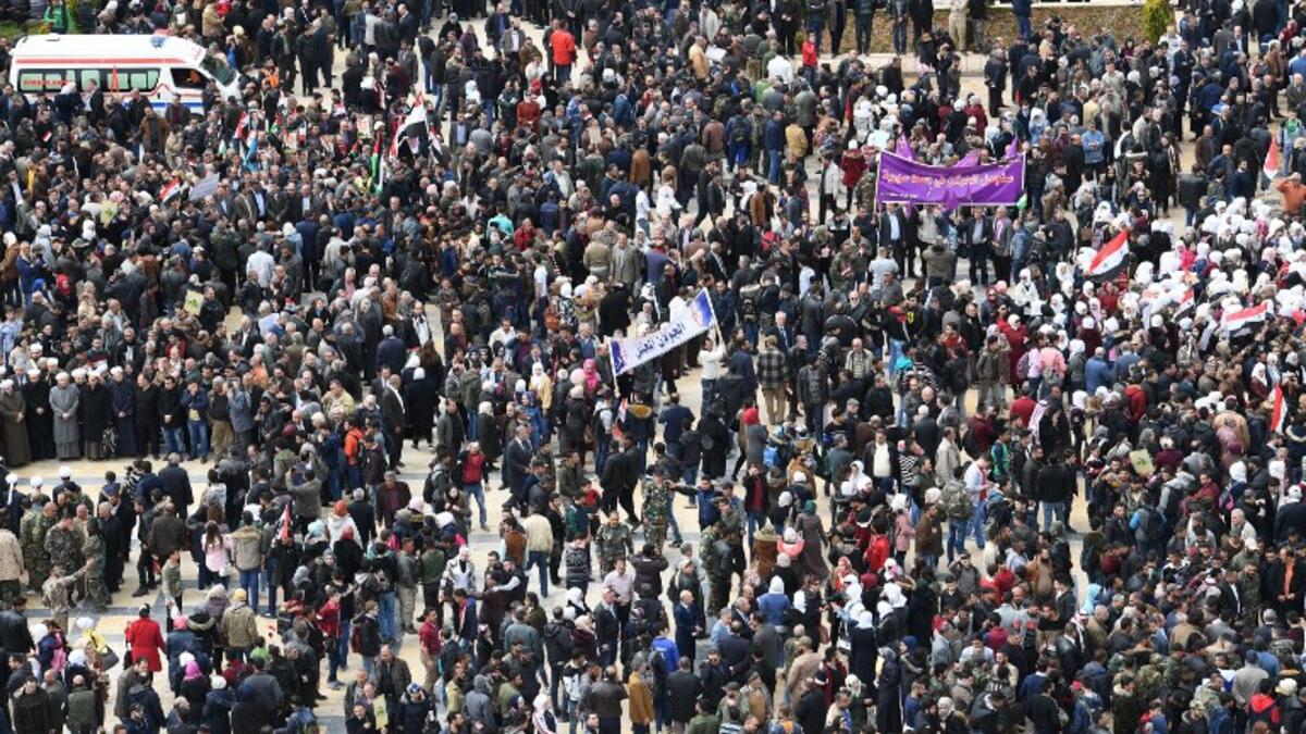 Syrians protest in the northern city of Aleppo against the US' decision to recognise Israel's sovereignty over the Golan Heights on March 26, 2019.
GEORGE OURFALIAN / AFP