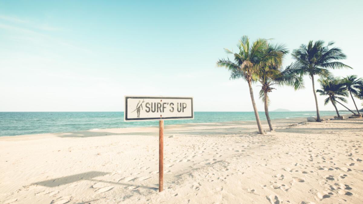 Landscape of coconut palm tree on tropical beach in summer. Beach sign for surfing area. (Shutterstock)