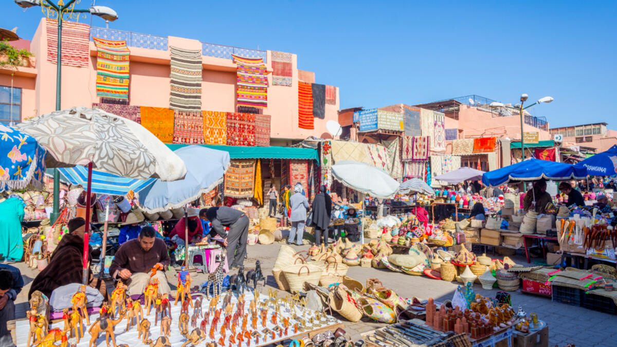 Carpets, crafts and souvenirs for sale at tourist market in Marrakech downtown on December 2016. (Shutterstock/ File)