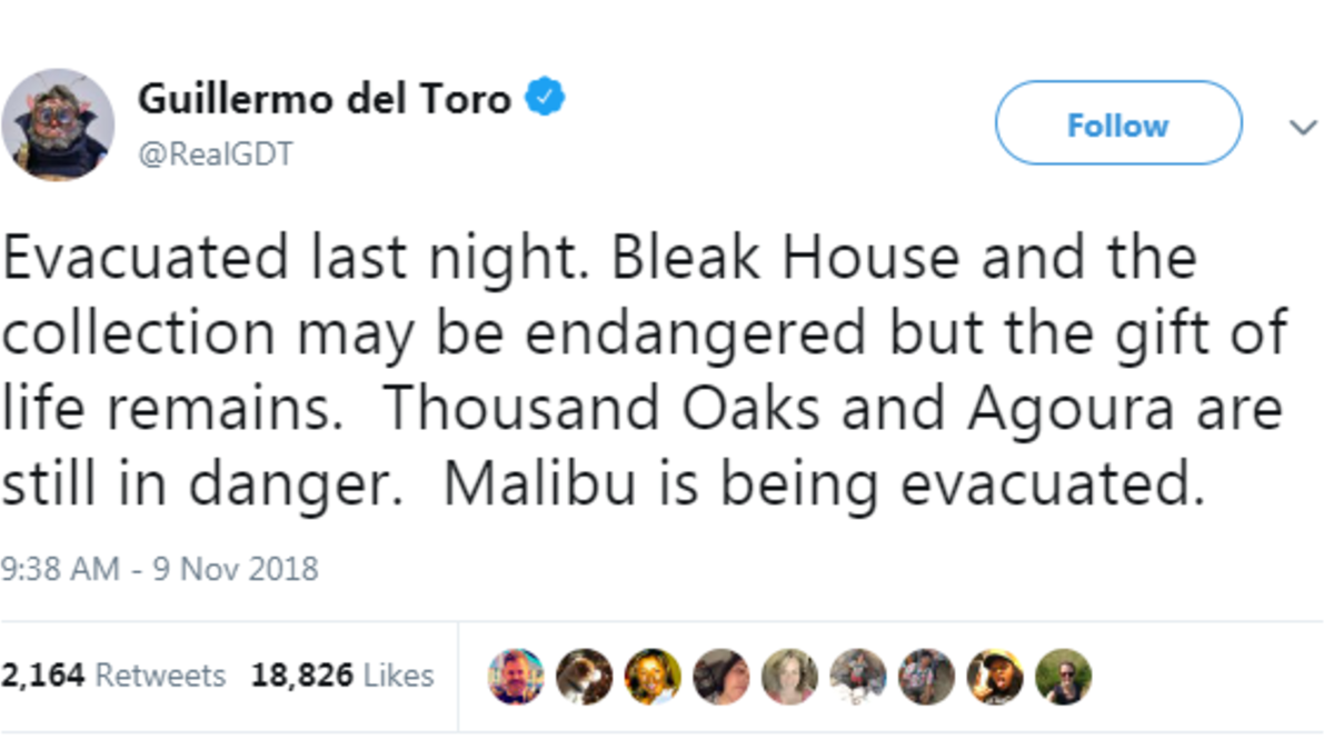 المخرج السينمائي غييرمو ديل تورو: قال على "تويتر" إنه هجر منزله "بليك هاوس"، الذي يضم مجموعة تذكارية من مقتنيات أفلام الرعب والخيال.