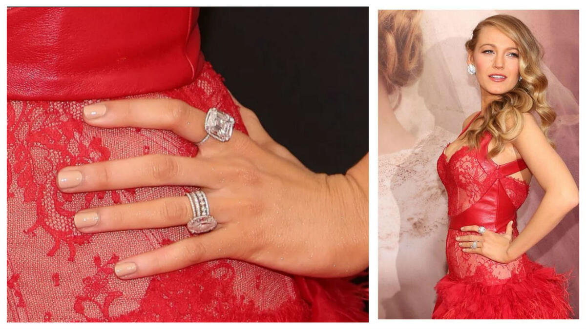 بليك ليفلي: من المرجح أن يكون خاتم خطوبتها من الممثل "ريان رينولدز" هو سبب انتشار موضة خواتم الألماس بيضاوية الشكل. الخاتم من تصميم "لورين شوارتز" وبوزن 12 قيراطًا ويصل سعره لنحو 2.5 مليون دولار.