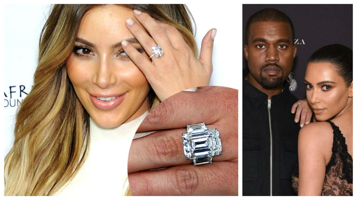 كيم كارداشيان: قدم النجم "كانيه ويست" خاتمًا لنجمة تلفزيون الواقع يحمل 15 قيراطًا من الألماس النقي وتبلغ قيمته 8 ملايين دولار أمريكي.
