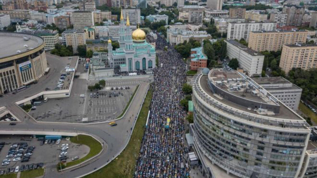 Muslims pray in the streets of Moscow near the central mosque on Eid el-Fitr. Islam is the second largest religion in Russia and the predominant religion of Caucasians and Turkic people. The country also hosts many Muslim migrant workers from Central Asia.