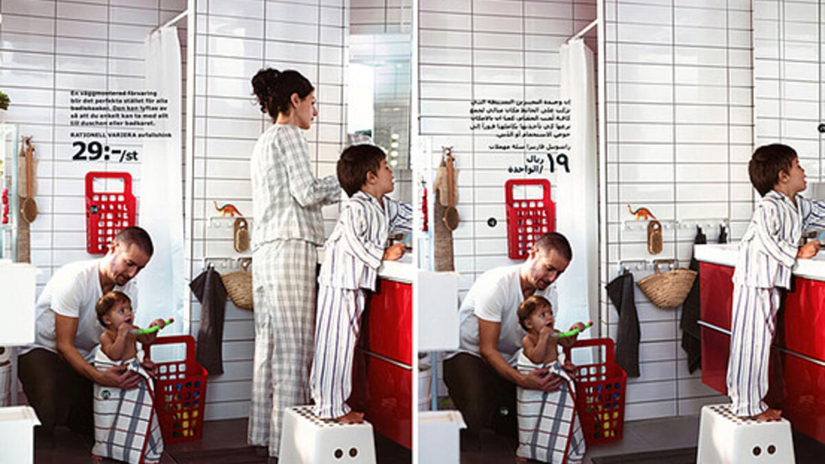 Spot the difference! This is what gender-equality looks like when Ikea try to sell in Saudi Arabia. “We regret to have removed her”, was the Swedish manufacturer’s response after being criticized for deleting all woman and most girls from the printed edition of the catalogue and website in Saudi Arabia.