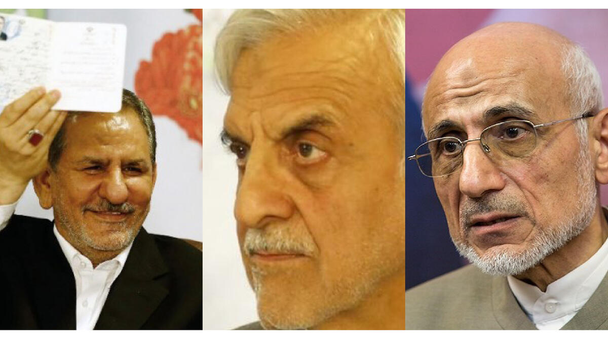 Eshaq Jahangiri (l) and Mostafa Hashemitaba (c) from the moderate camp as well as Mostafa Mir Salim (r) from the conservative camp are the remaining three candidates running for election. However, Jahangiri and Hashemitaba are expected to drop out in order to promote Rouhani, while Mostafa Mir Salim is expected to back either Ghalibaf or Raisi.