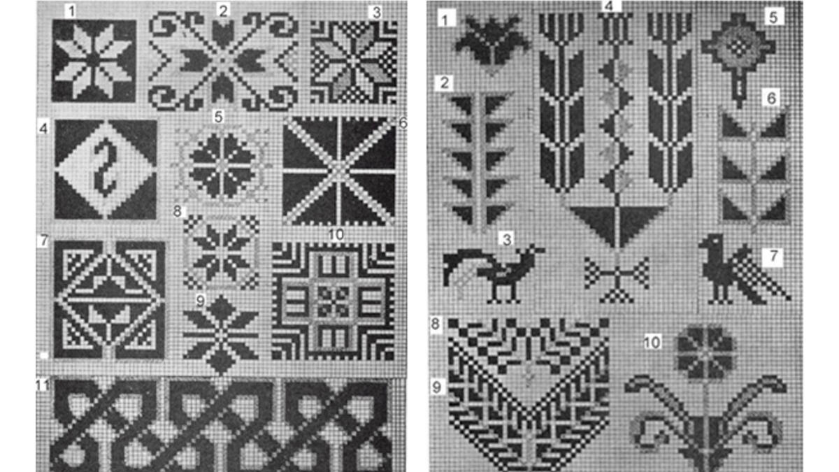 More than just pretty designs, Palestinian embroidery patterns carry deeper meanings, for example: Moon of Bethlehem (A1), Damask Rose (A5), Serpent (A11), Cauliflower (B1), Pigeon (B7), and Rainbow (B9) (Palestinian Embroider). (Palestinianembroider.tripod)