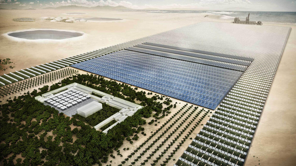 This is how the solution might look like, a forest in the desert, surrounded by a sea of solar panels, providing a combination of greenhouses for food production and technologies for revegetation. The Sahara Forest Project's first pilot facility was built in Qatar and another one is expected to be operational in Aqaba by 2017.
