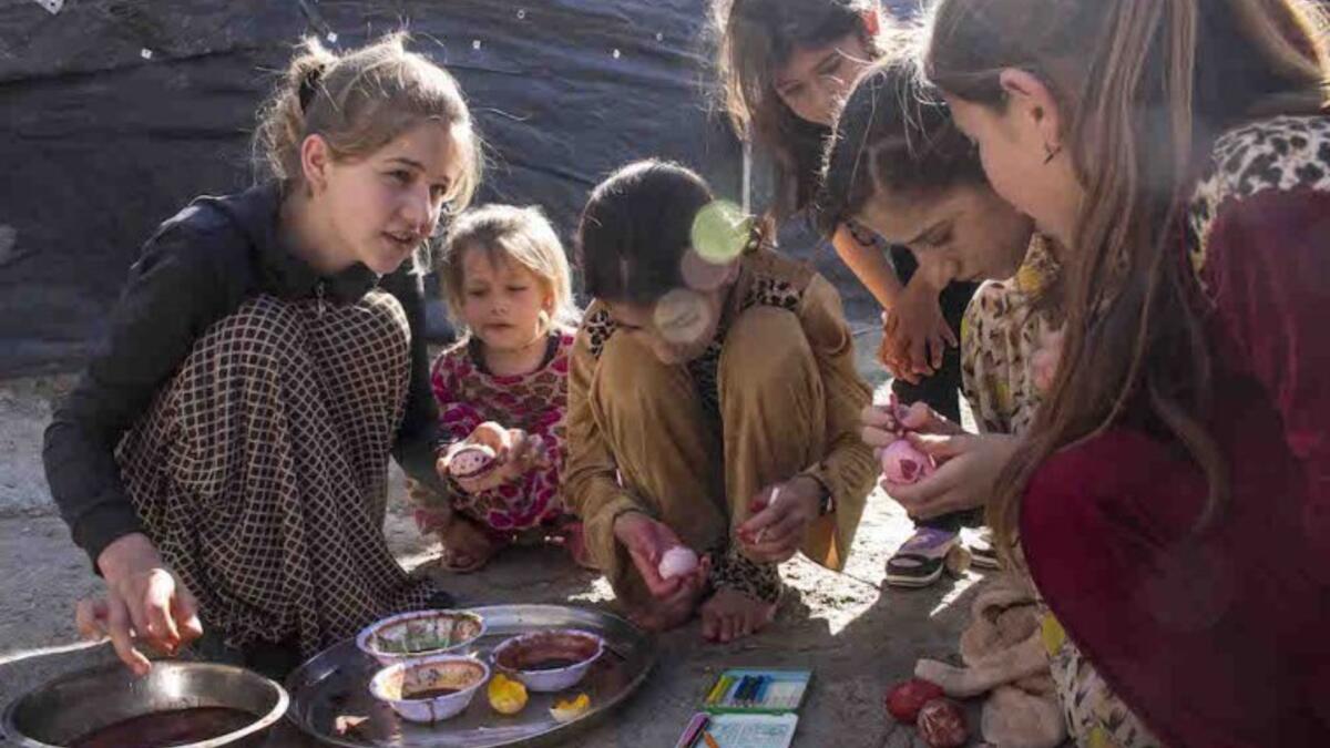 Painting eggs after they are cooked is an old Yazidi tradition during the new year celebrations. The colors of the eggs resemble the colors of the rainbow, created by God’s representative when he descended to earth.