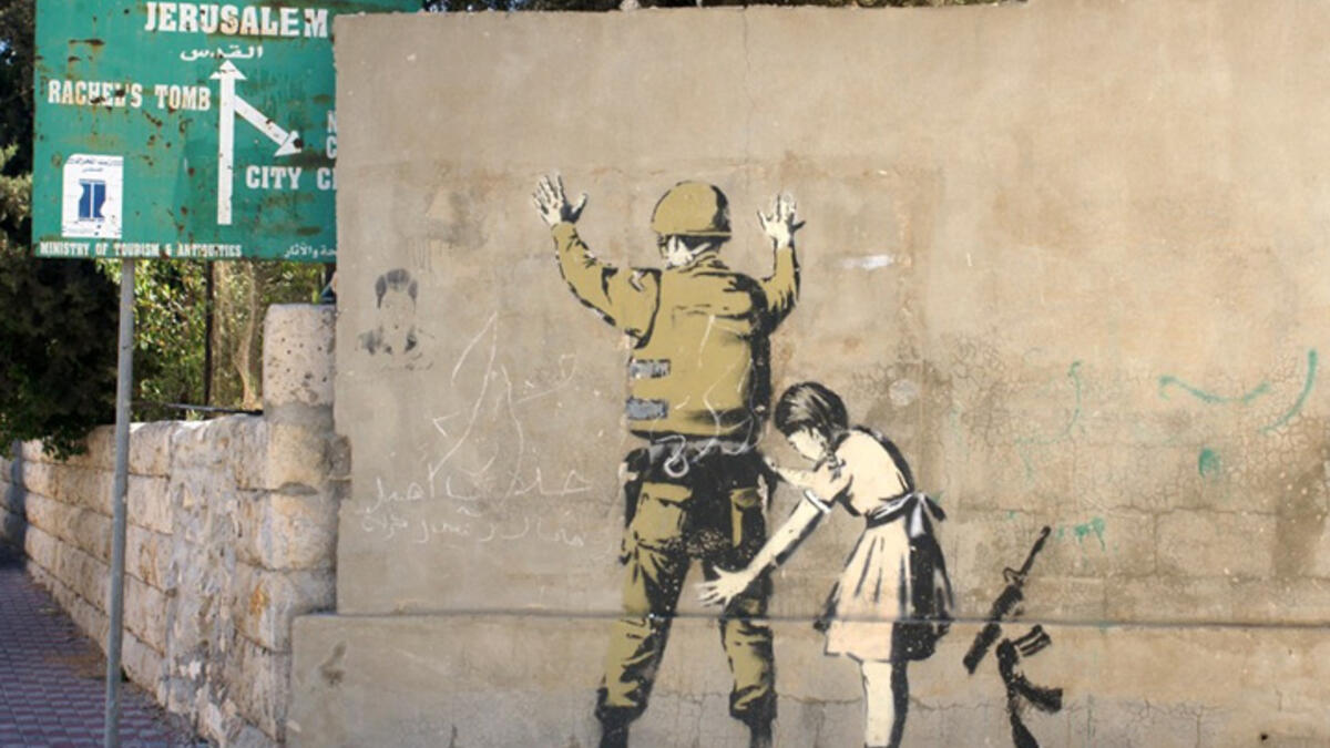 Street art from an earlier visit to Bethlehem. Says Banksy, “I don't want to take sides. But when you see entire suburban neighborhoods reduced to rubble with no hope of a future - what you're really looking at is a vast outdoor recruitment center for terrorists. And we should probably address this for all our sakes.”
