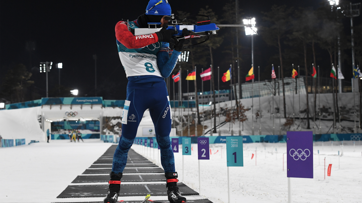 France's Gold Winner Martin Fourcade competes at the shooting range in the men's 12,5km pursuit biathlon event during the Pyeongchang 2018 Winter Olympic Games on February 12, 2018, in Pyeongchang. 
(Kirill KUDRYAVTSEV / AFP)
