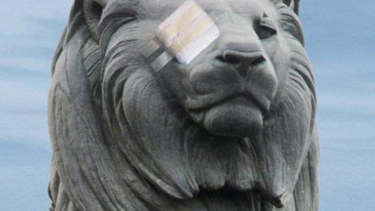 Speaking of 'Assad' (Arabic for 'lion'): An Egyptian lion has its eye bandaged to represent the striking wound pattern of the second 
Egyptian revolution. The symbolism is endless. Trying to block a people's outcry and obscure their vision for 
change. Obstructing the world media lens. An attempt to disable their efforts to be seen and heard.