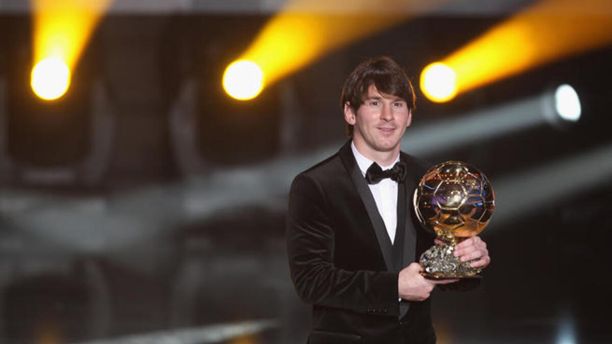 Lionel Messi of Argentina and Barcelona FC receives the men's player of the year award during the FIFA Ballon d'or Gala at the Zurich Kongresshaus in Zurich, Switzerland.