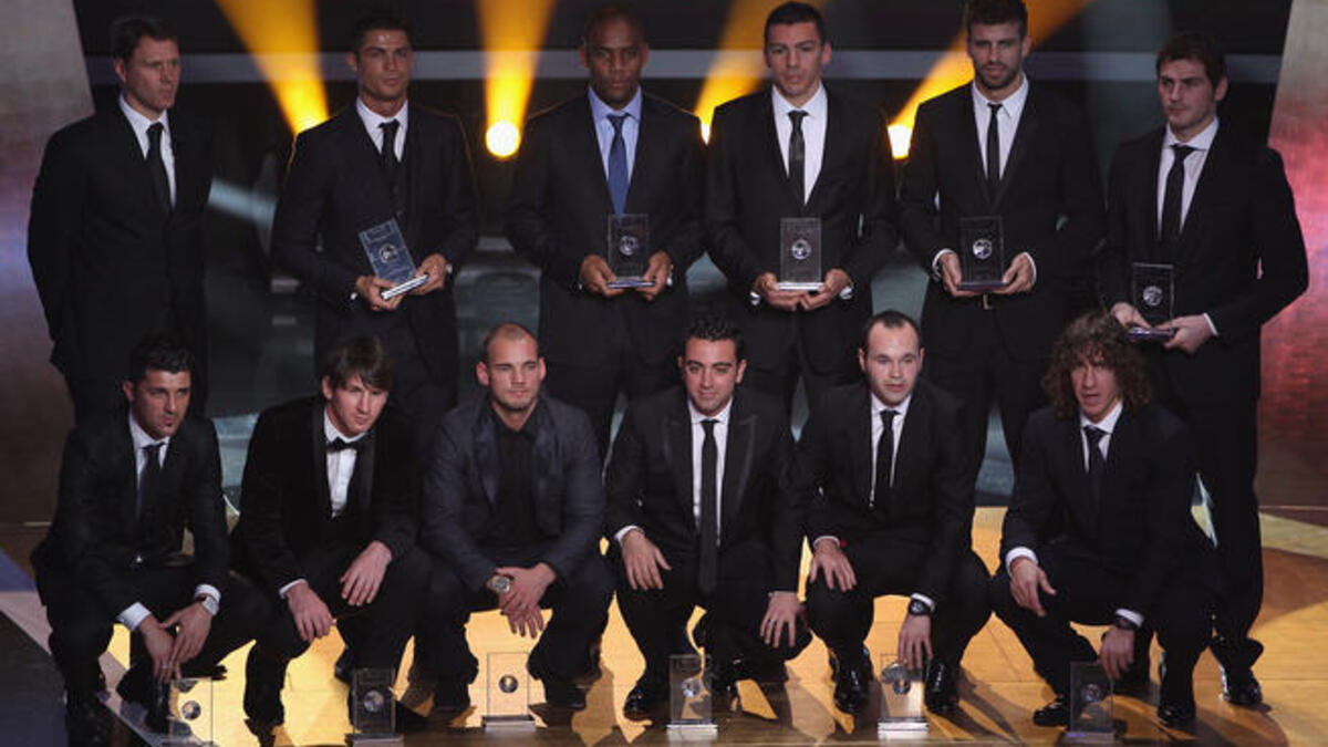FIFA World XI award players back row L to R: Marco Van Basten who presented the award,Ronaldo,Maicon,Lucio,Gerard Pique,Iker Casillas, front row L to R: David Villa,Lionel Messi,Wesley Sneijder,Xavi,Andres Iniesta,Puyol.
