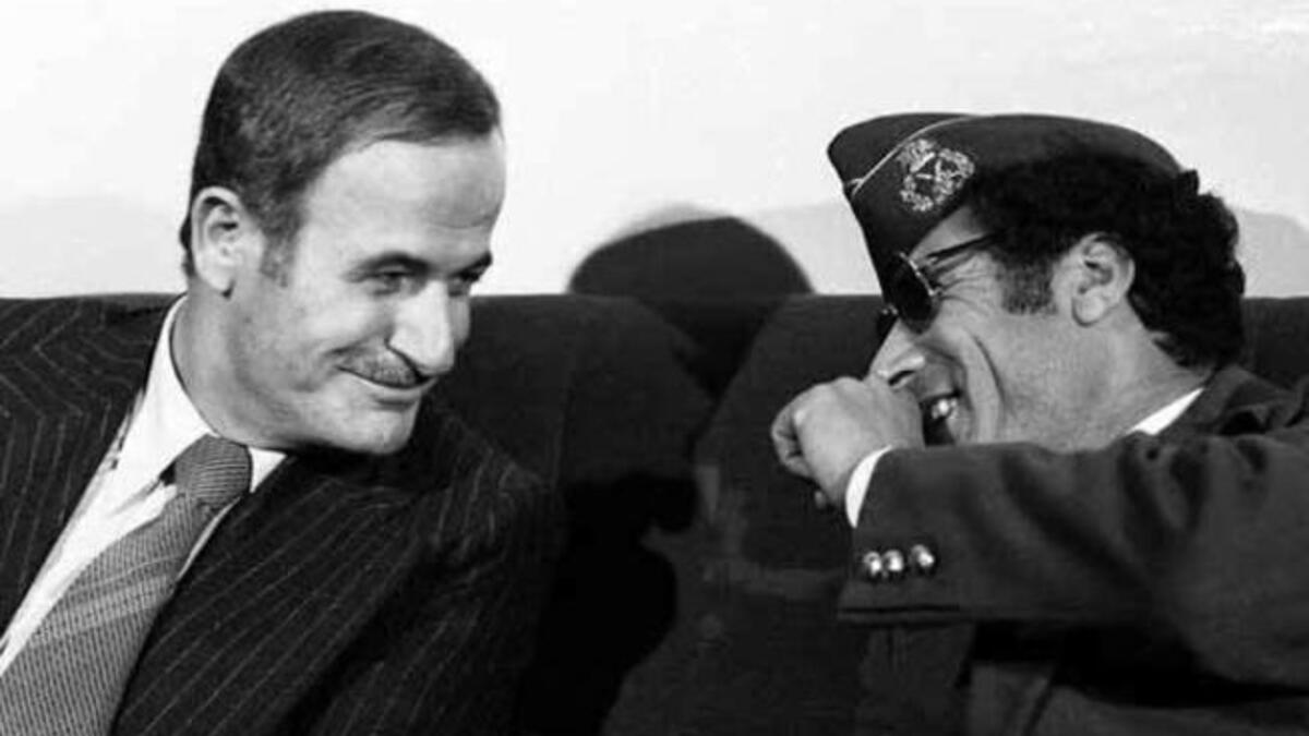 Friends with all the great dictators: President Hafez al-Asad with Libyan leader Mouammar al-Qaddafi in 1977.