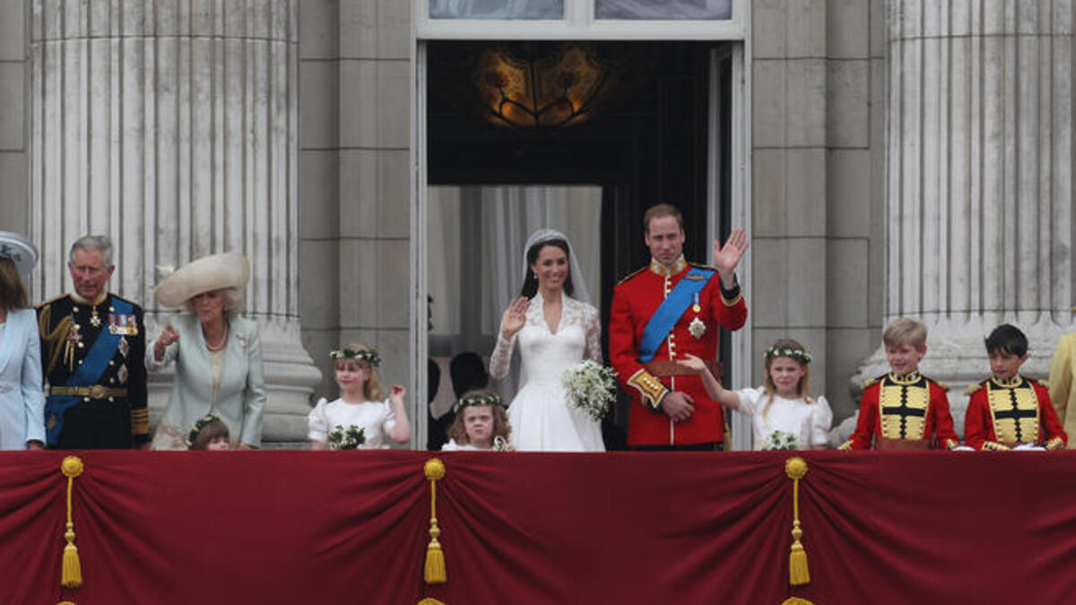 Happy Families: Prince Charles welcomed his new daughter-in-law into the fold at the reception later, in a speech, as the daughter he never had. Here the family line-up, including wife Duchess of Cornwall, herself a recent member of the Windsor household. The family, he said, are lucky to have Kate.