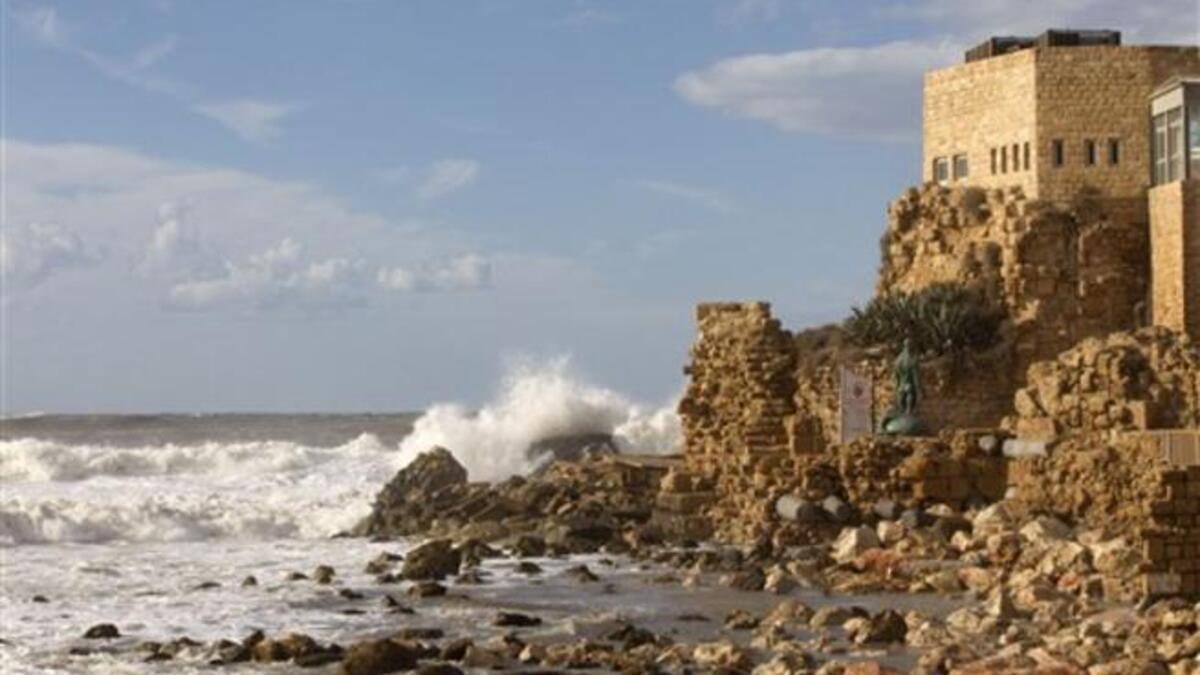 A picture shows a section of the Roman-era port of Caesarea after a massive storm battering the eastern Mediterranean destroyed the breakers protecting the ancient port city threatening to wash away the historic site, Israeli officials said.