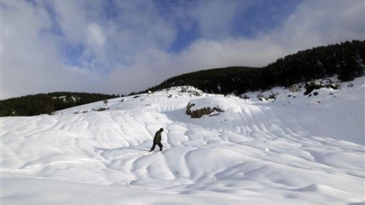 A Lebanese man walks on a snow-covered peak at the cedar trees reserve of Baruk southeast in the Shouf mountains, southeast of Beirut.