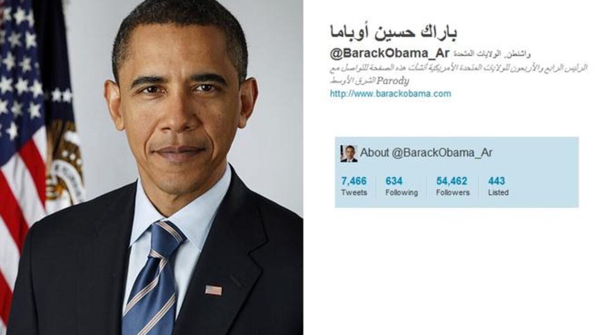 @BarackObama_Ar: an Arabic Parody Account for Barack Hussein Obama; 2 spoof Arabic accounts, one for Egypt, the other for Kuwait (under a different handle); This Tweep meshes Arabic humor with political realities in a fun combination. The re-tweeted refrain "We die, Long Live America" is a play on the Egyptian rally cry "We die, Long live Egypt."