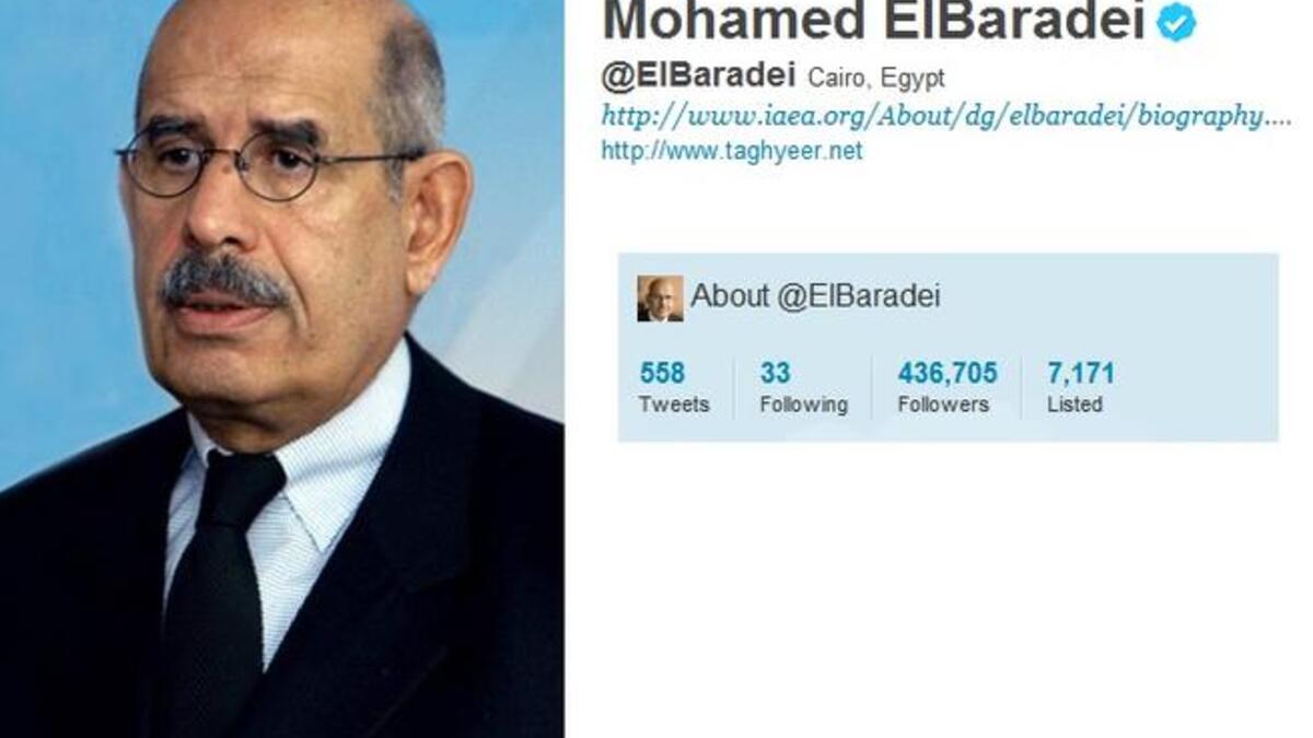 @ElBaradei: This Nobel Prize holder was key to Mubarak's ouster. He quit the run for Egyptian President --and did not tweet quitting his campaign.  He did tweet a Merry Xmas  7 Jan to Egypt's Copts. He re-re-tweeted the mantra 'the Revolution shall win!' in Dec. 2011 as Tahrir plunged into the dark. He tweets out fears for Egypt's economy.
