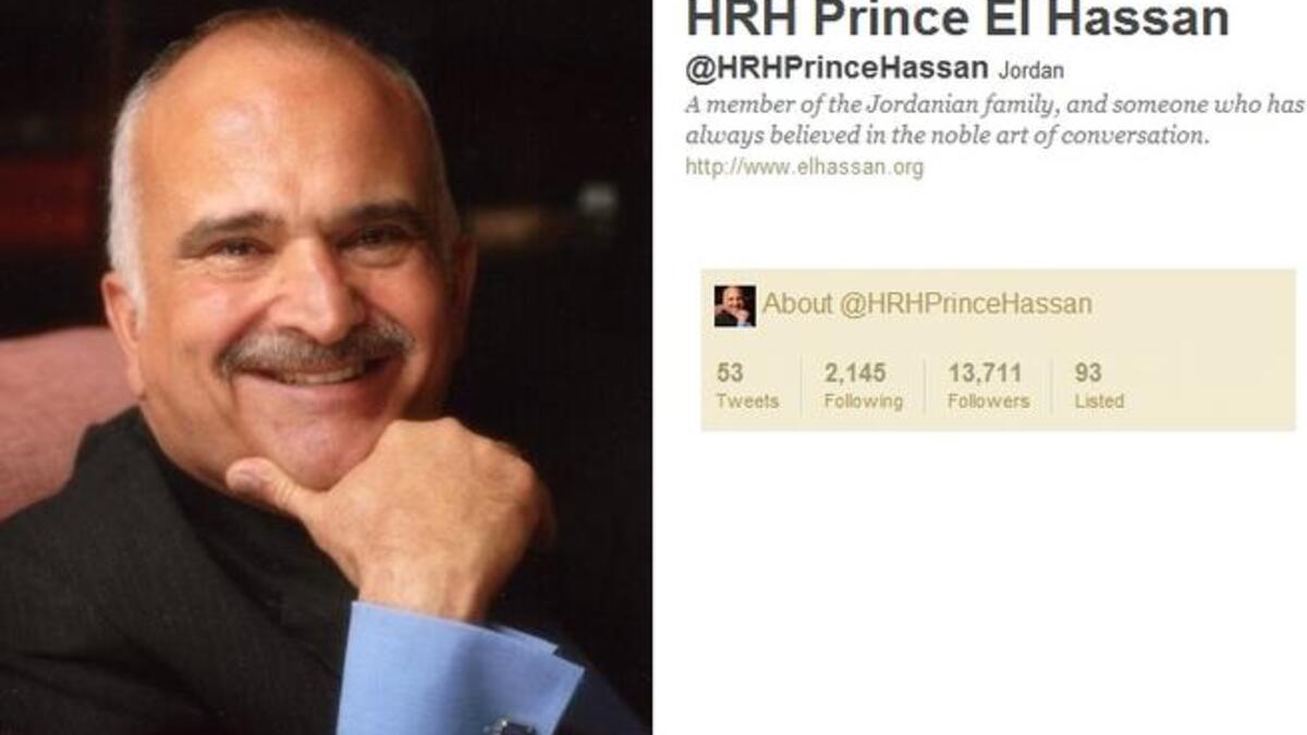 @HRHPrinceHassan: Jordan's Prince El-Hasan bin Talal has produced 53 tweets as a newcomer  to the Twitter game. Bucking the high profile  trend to follow few, HRH, follows a healthy 2143 to stay in tune with his community. He has had good reviews from local active users who find him interesting and down to earth in his Twitter output.