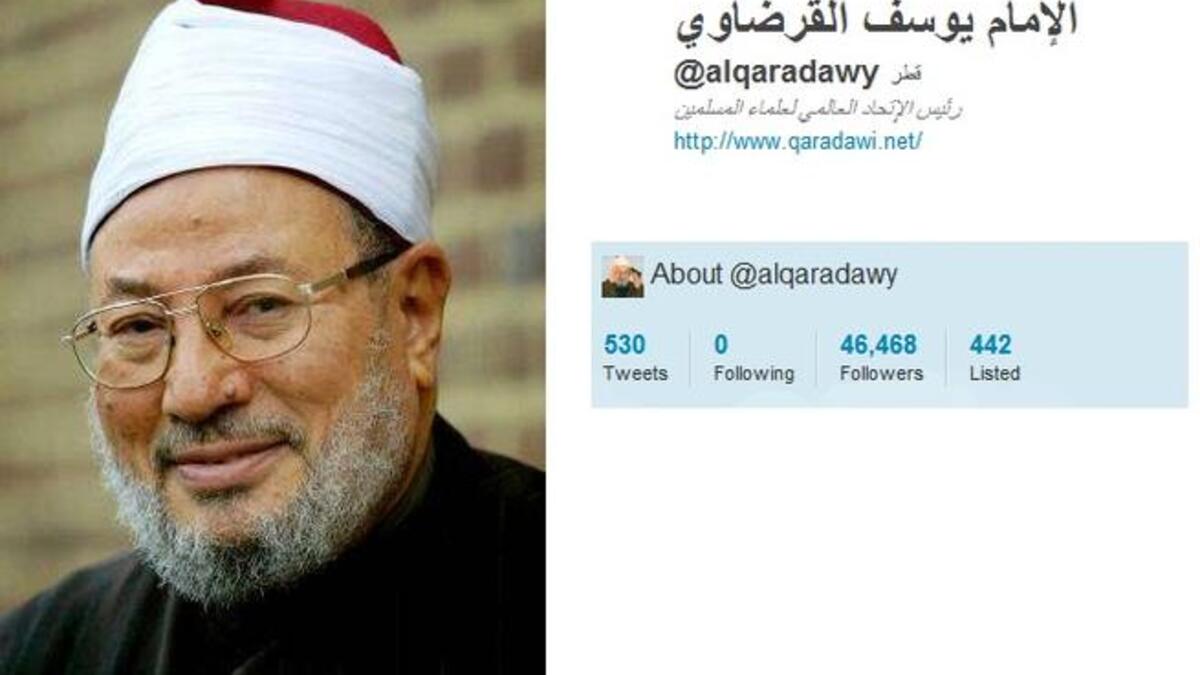 @alqaradawy: This celebrity Egyptian Islamic scholar of the show 'Sharia'a & Life'  and behind IslamOnline, promotes his shows,  tweeting support for Yemen & Syria who remain embroiled in revolutionary challenges. He tweets out his anti-Shia Iraq views. He urges Egyptians to vote. He tweet-supports  an external intervention for Syria.